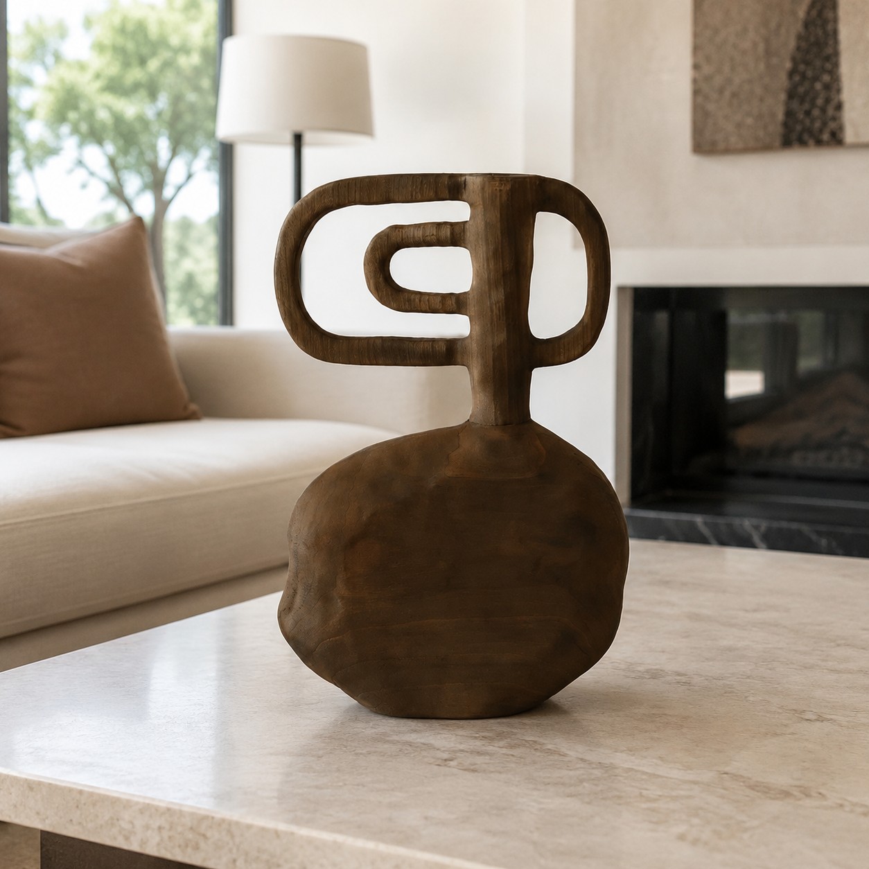 Carved wood vase on a living-room table