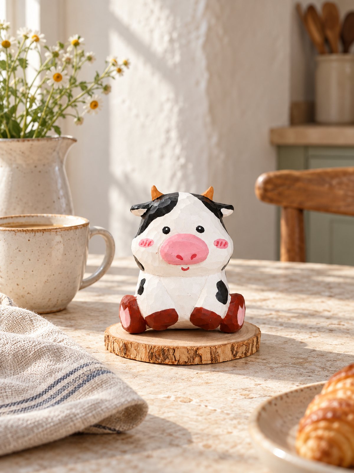 Vaca de madera en una mesa de desayuno