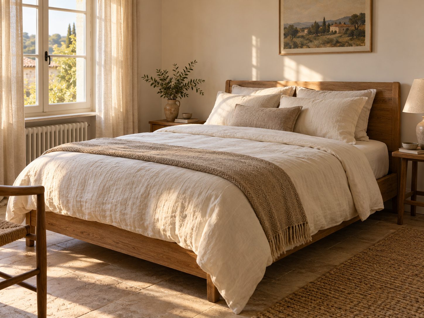 Ropa de cama de lino a rayas en un dormitorio luminoso