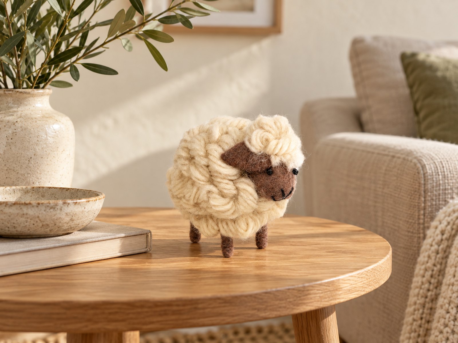 Vilten schaap op een eiken tafel in de woonkamer