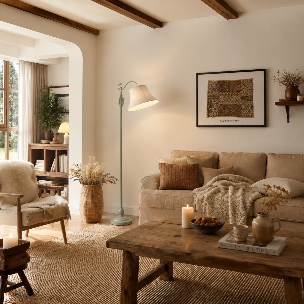 Curved-arm floor lamp in a bright living room