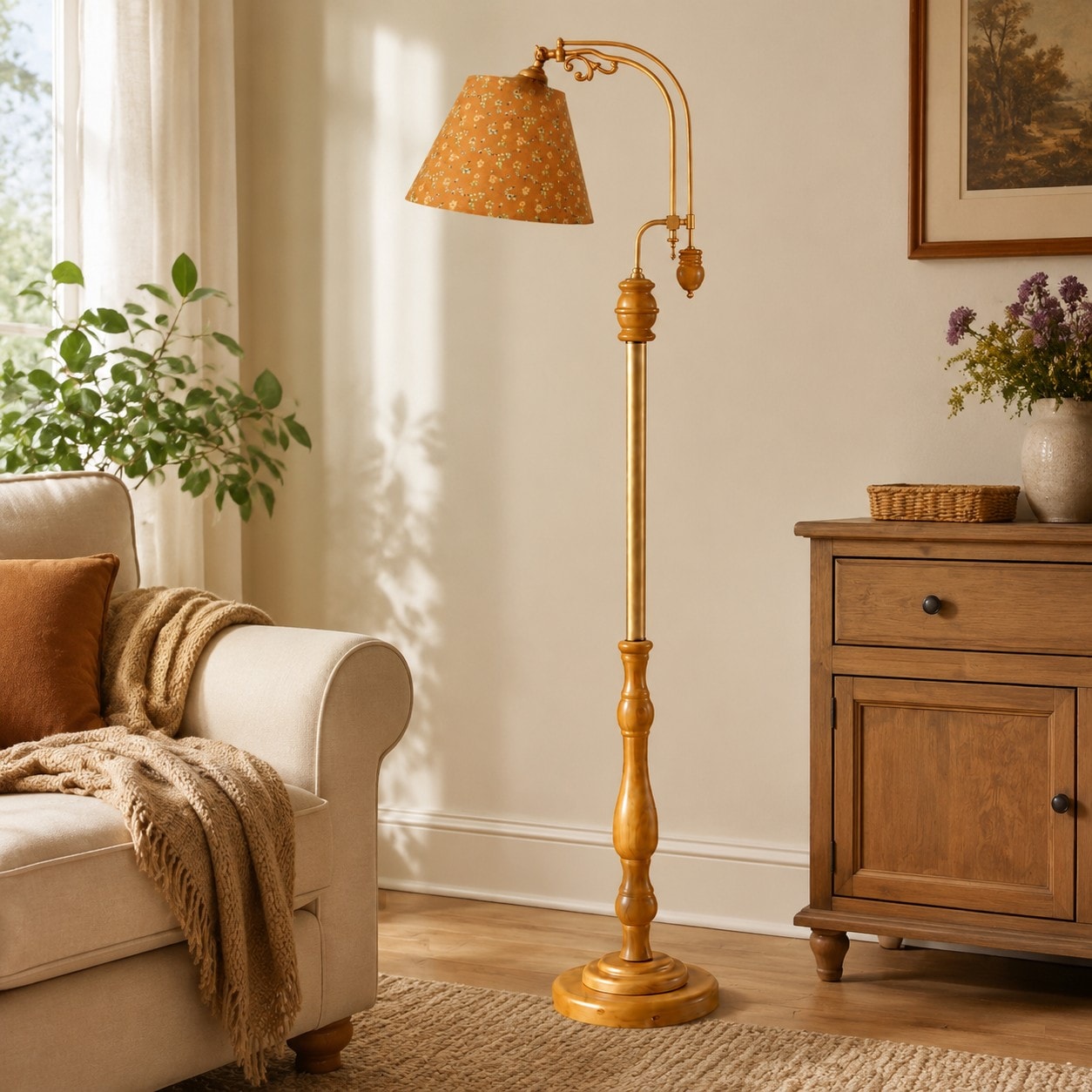 Fabric floor lamp in a bedroom