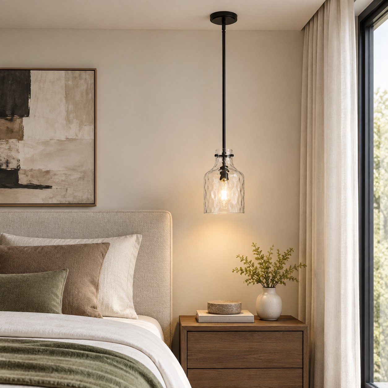 Glass pendant beside a bed