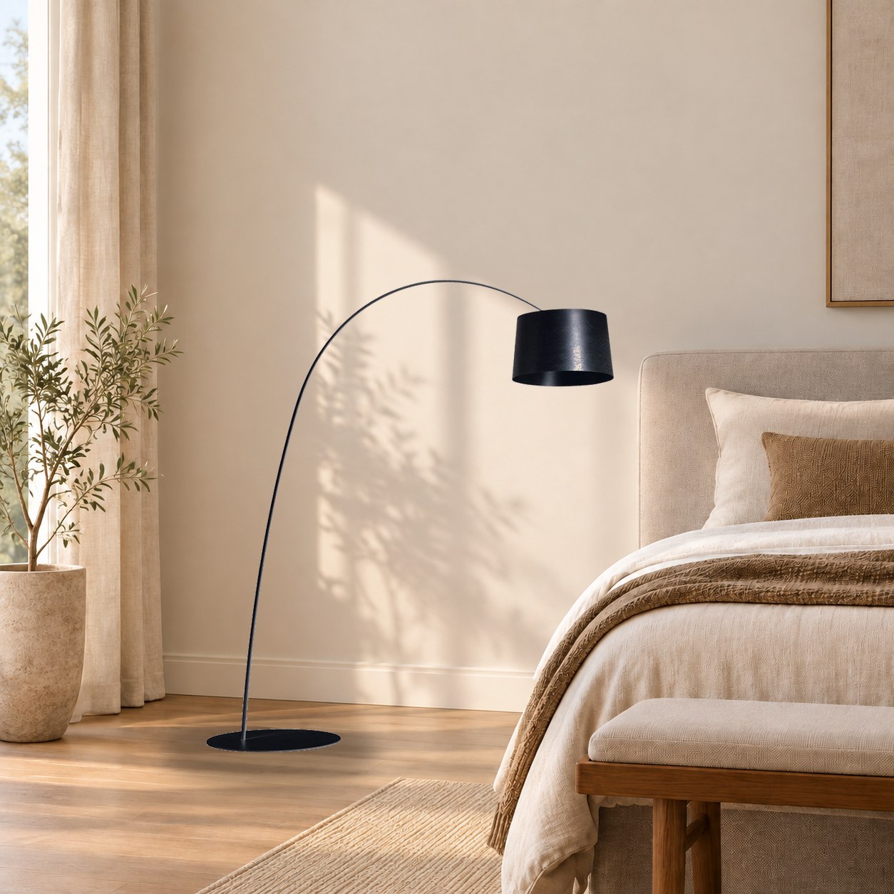 Black arched floor lamp, shown in full