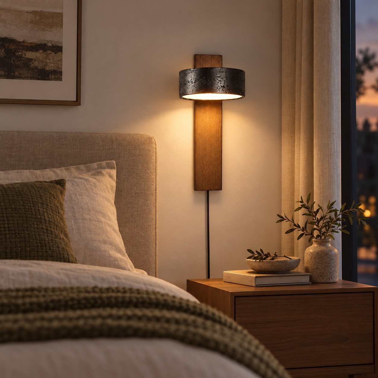 Walnut and black travertine wall sconce in an evening entry