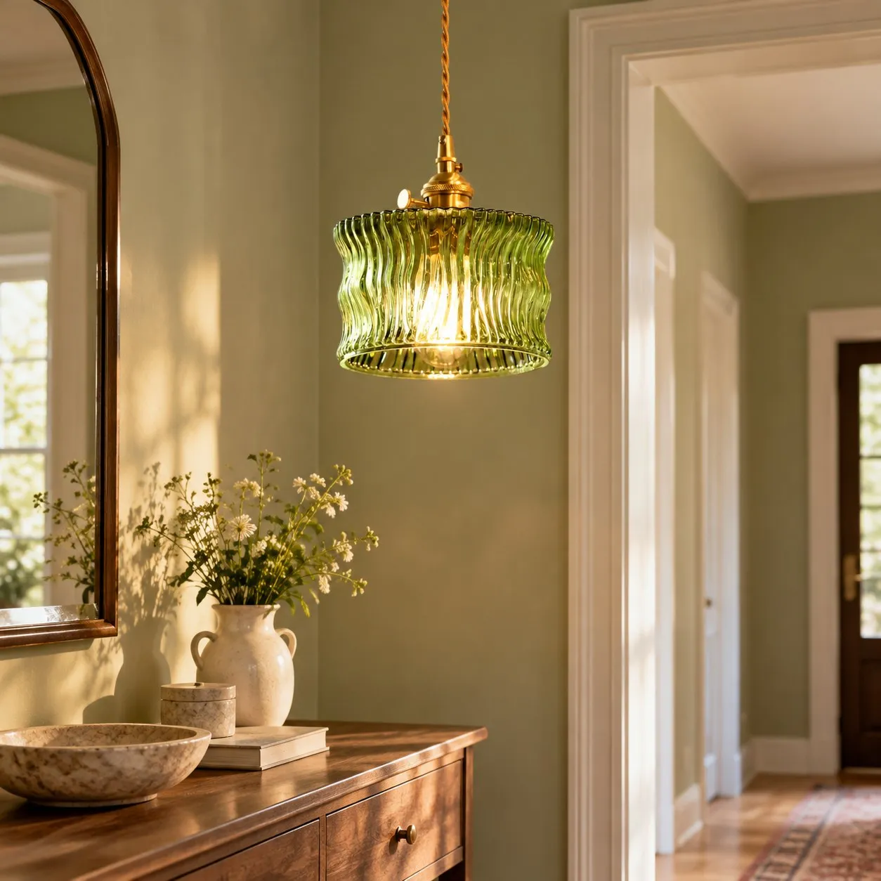 Green willow glass pendant light in an entry